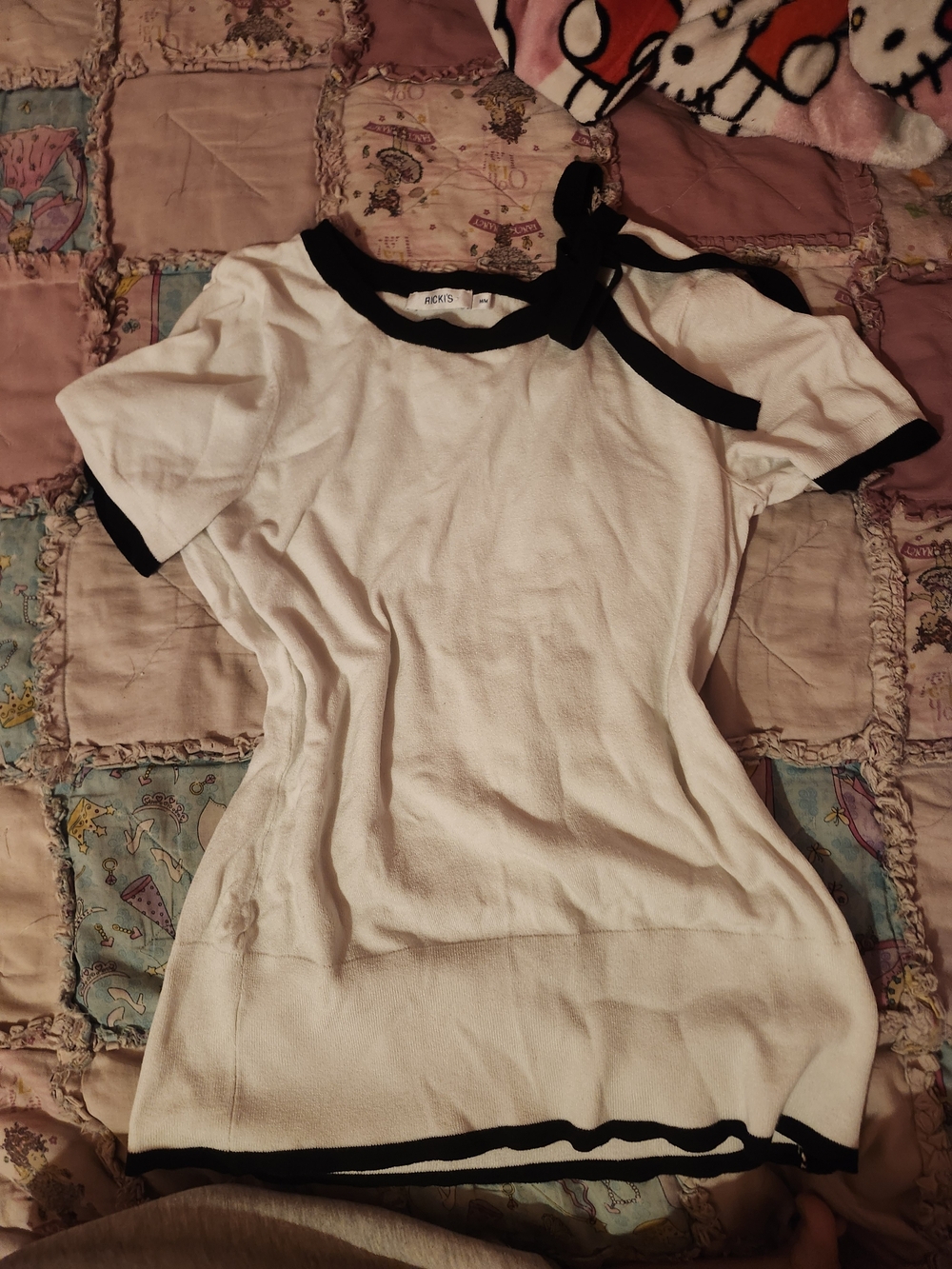Ricki's White Short Sleeve Crewneck Top with Black Trim & Bow